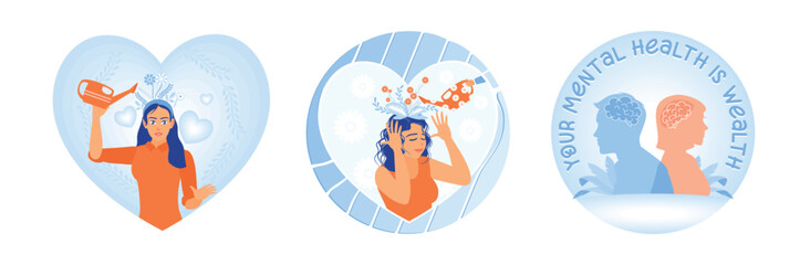 Woman manages mental health, happy thoughts,mental health awareness and well-being.