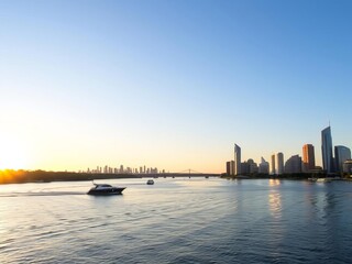Obraz premium Idyllic river scenery with boats in the middle of Brisbane city, afternoon, river, destination