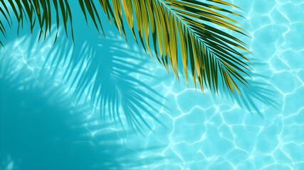 A vibrant tropical scene with a palm tree frond casting a captivating shadow on a sparkling blue water surface
