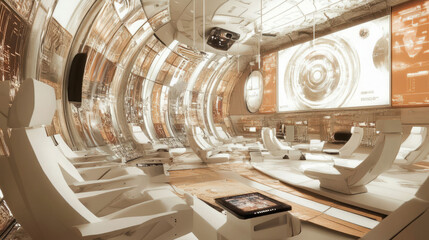 explore sci-fi conference room with futuristic interior design featuring curved walls, white chairs, and digital screens in spaceship bridge layout