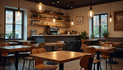 A serene café environment with wooden tables and chairs, low-hanging Edison bulbs casting a warm glow, and rustic details that evoke a relaxing, modern atmosphere perfect for coffee lovers.