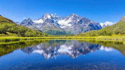 Mountain lake reflection, summer landscape, scenic view, travel postcard
