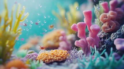 Vibrant underwater scene with colorful coral reefs, small fish, and bubbles.
