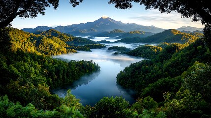 Misty mountain lake sunrise vista; ideal for travel brochures