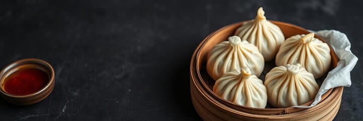 Obraz premium Momos food arranged on a white plate with spicy dipping sauce, Tibetan, Asian, steamed