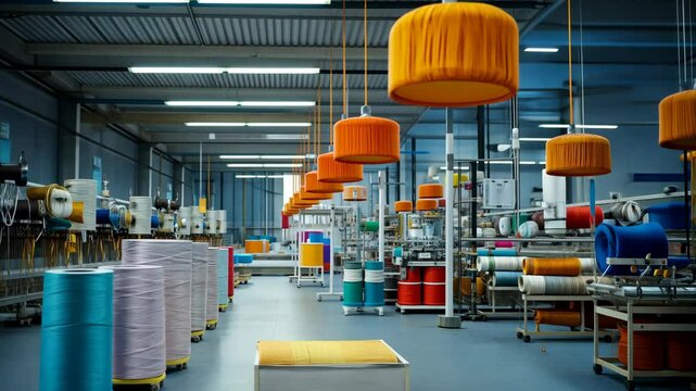 Colorful yarn spools and textiles displayed in a vibrant textile factory during the daytime