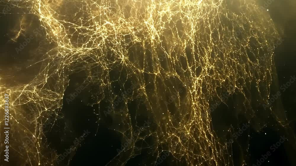 Poster intricate network of golden light strands illuminating a dark background in an abstract composition