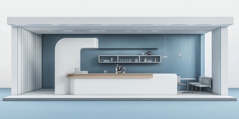 Modern minimalist cafe interior design with white counter, blue walls, and simple furniture.