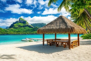 Tropical beach hut, turquoise water, mountain view, relaxing vacation