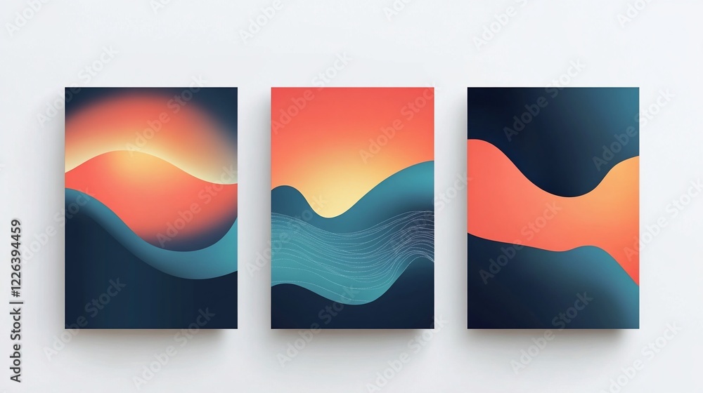 Aufkleber abstract artwork featuring gradient color transitions and flowing lines on three individual canvases