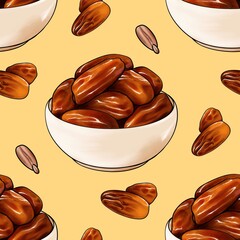 realistic watercolor illustration of dates fruit pattern on yellow background