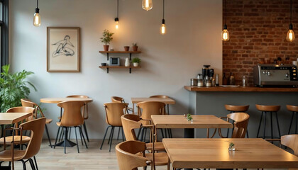 A serene café environment with wooden tables and chairs, low-hanging Edison bulbs casting a warm glow, and rustic details that evoke a relaxing, modern atmosphere perfect for coffee lovers.