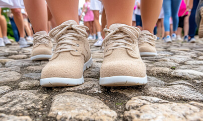 Naklejka premium Close-up of Casual Footwear on Cobblestone Pathway with People in the Background, Showcasing Stylish and Comfortable Sneakers for Outdoor Activities