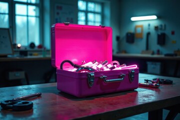 Pink metallic case glowing with an array of illuminated equipment on a workshop table