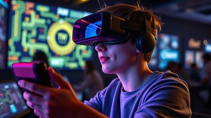 Teenager with VR headset immersed in futuristic cyber world ready for game, game, new, virtual