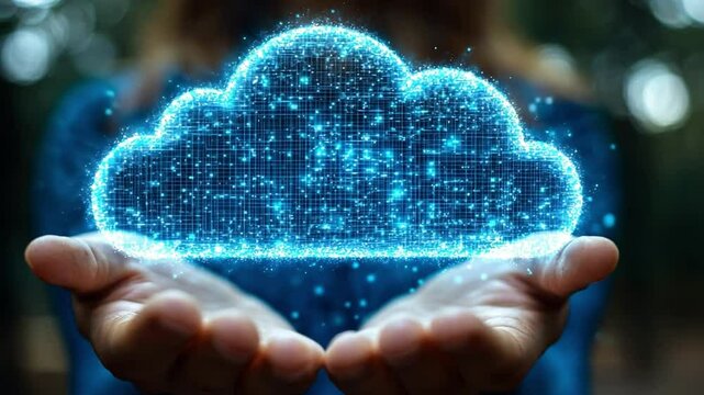 Cloud Computing Concept: A woman's hands cradle a glowing blue cloud made of digital data, representing the power and accessibility of cloud computing in a modern and conceptual way.