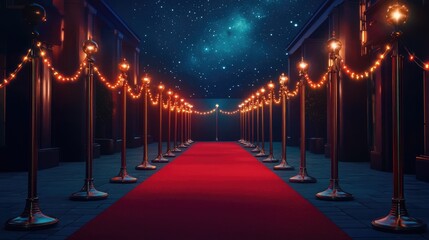 Hollywood Film Scene: Red Carpet, Starry Sky, and Vintage Lighting in Classic Cinematic Style