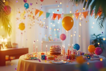 Festive birthday party at home, cake, confetti, balloons