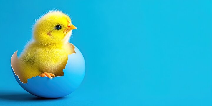yellow baby chick hatching from blue easter egg isolated on solid pastel background 