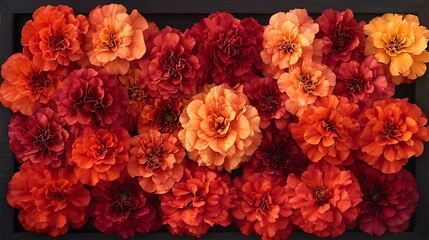 Obraz premium Vibrant orange red flowers densely arranged flat lay warm light. AI Generated