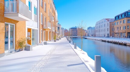 Fototapeta premium Snowy canal-side walkway, modern buildings, winter sun