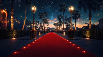 Hollywood Cinematic Photography: Red Carpet, Starry Night, and Classic Film Elements