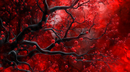 stunning digital blood vessel art with red blood cell tree and dark branches featuring intricate crimson fractal designs and glowing red sphere clusters