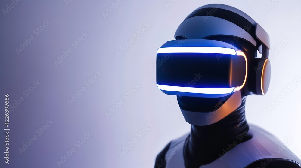 Poster futuristic robot with illuminated virtual reality headset on white background