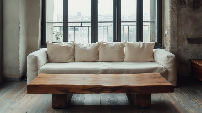 A Cozy Living Room With A Minimalist Aesthetic, Featuring A Linen Couch And A Rustic Wooden Coffee Table.  The Large Window Offers A City View.