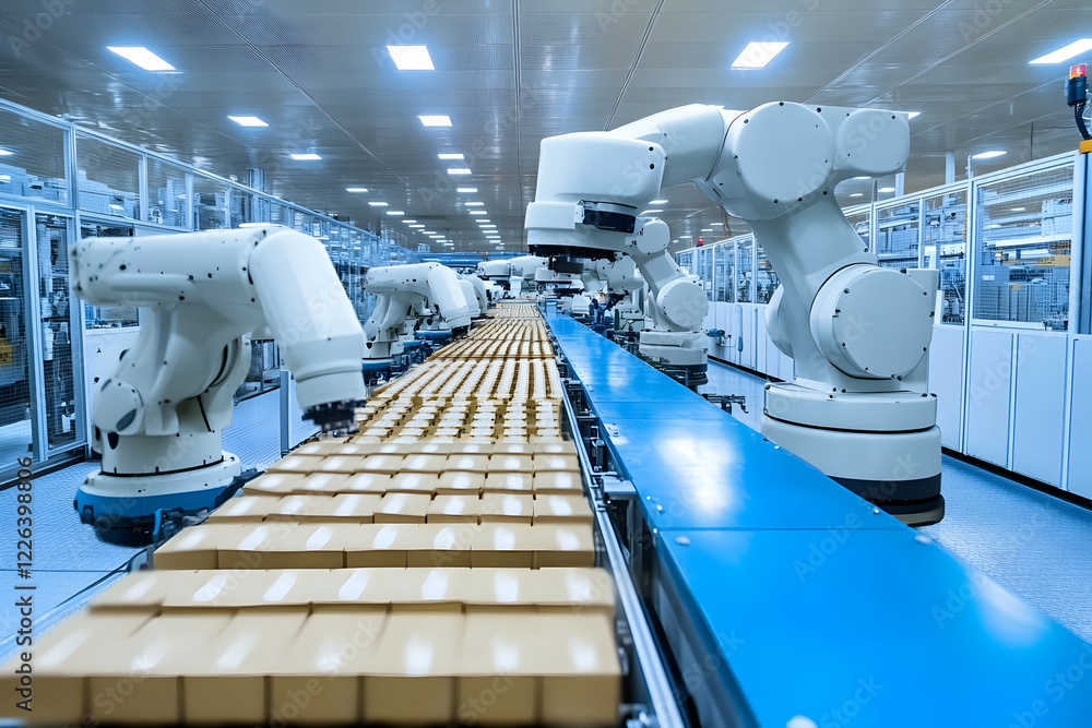 Poster robots package goods on a factory line
