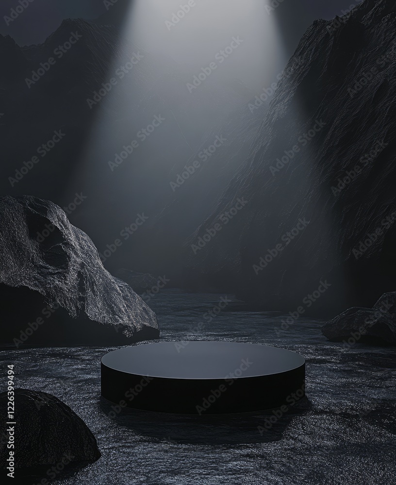Poster dark, moody scene with a circular platform between rocks and mountains, illuminated by a spotlight.