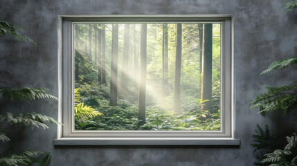 Fototapeta premium Forest window view scenery nature landscape green tree view window decor wallpaper