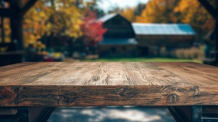 Fototapeta premium Rustic Wooden Tabletop Fall Barn Background Autumn Scene Product Display
