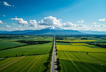 Fototapeta premium Aerial View of Scenic Road Leading to Snow-Capped Mountain