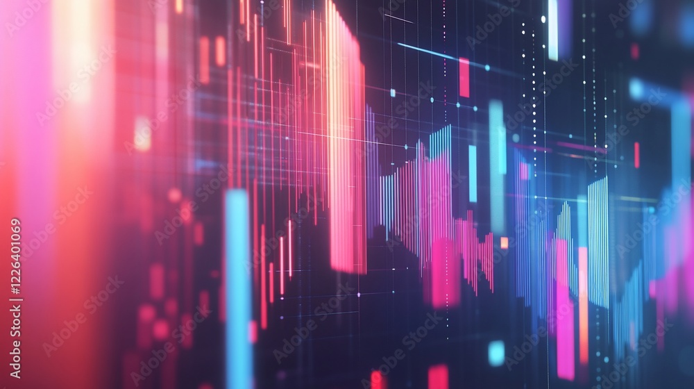 Poster abstract digital display with vibrant data graph in red and blue hues, a modern technology visualiza