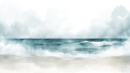 Fototapeta premium Abstract watercolor seascape painting of ocean waves and beach.
