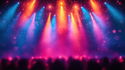 Vibrant Outdoor Concert with Stage Lights and Musical Instruments in Soft Focus Audience Silhouettes