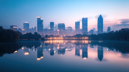 Cityscape reflection in calm lake at dawn.