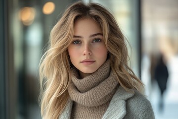 Obraz premium Charming Woman in Beige Knit Sweater in Urban Setting