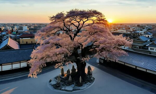Sunrise Sakura Temple Courtyard Japan