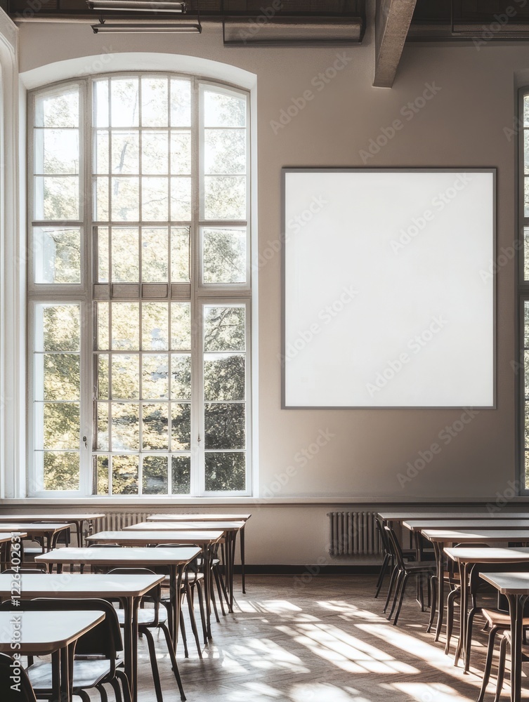 Poster empty classroom with large window and blank poster.
