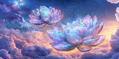 Ethereal cosmic flowers at cosmic dawn concept. Surreal cosmic lotus flowers floating in a dreamy sky
