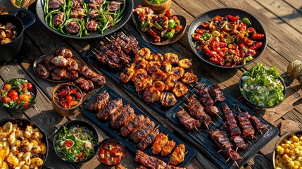 Fototapeta premium Overhead view of a feast of grilled meat and vegetables.
