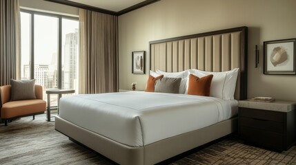 Elegant Hotel Bedroom with City View and Luxurious Amenities