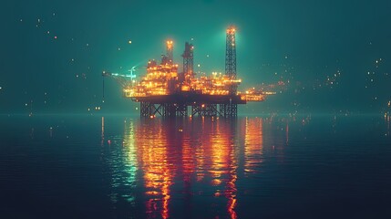 Oil rig illuminated by night lights, shimmering reflections on calm sea water