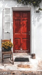 Fototapeta premium Rustic Red Door Yellow Flowers Wooden Chair Mediterranean House Exterior