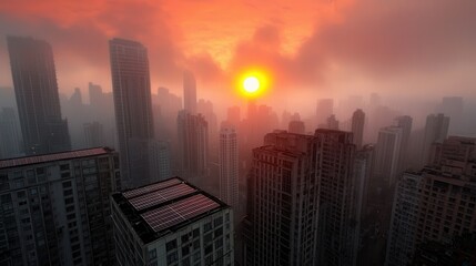 clean energy  solar marketing concept. A breathtaking sunset over a city skyline shrouded in mist and towering skyscrapers.