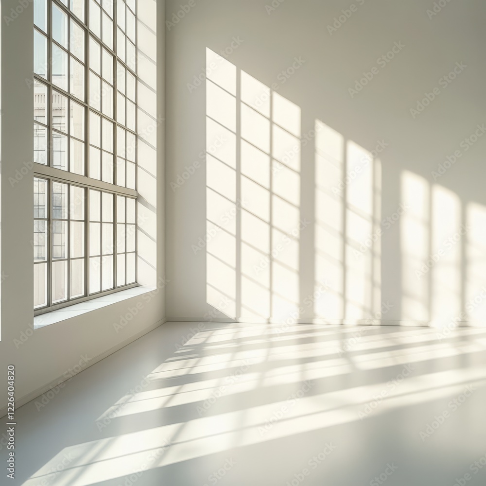 Poster sunlight streams through a large window in a minimalist white room, casting shadows on the floor and