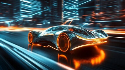Futuristic Speed: A Chrome Dream Car Races Through Neon City