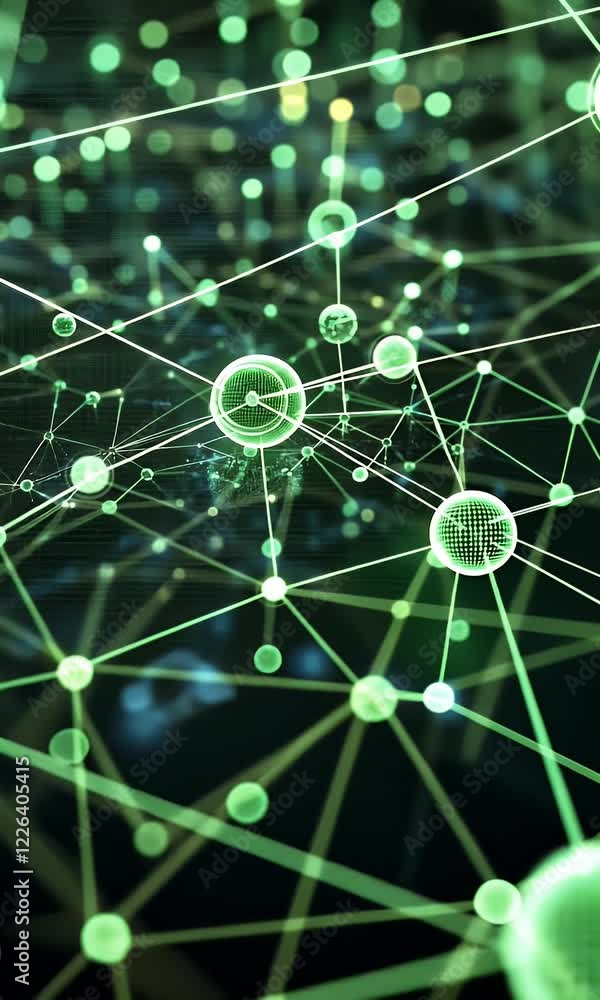 Poster global network connection, nodes glowing, dark background, data visualization